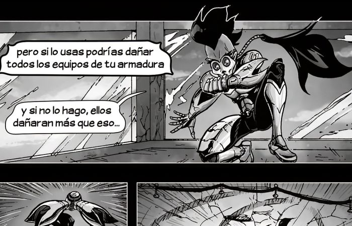 Panel de cómic en blanco y negro: héroe con armadura se agarra, con dos globos de diálogo en español que dicen las frases mostradas, insinuando una amenaza de daño.
