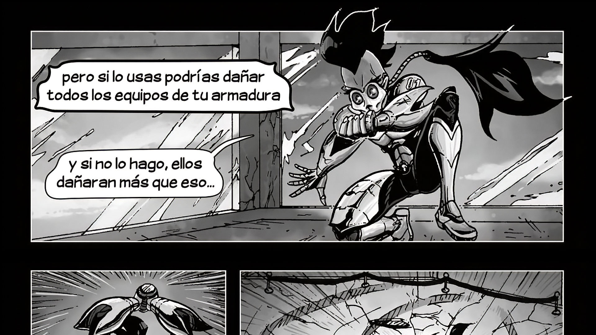Panel de cómic en blanco y negro: héroe con armadura se agarra, con dos globos de diálogo en español que dicen las frases mostradas, insinuando una amenaza de daño.
