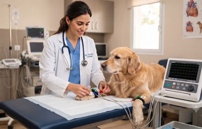 Female veterinarian with stethoscope examines a golden retriever on an exam table in a veterinary clinic.