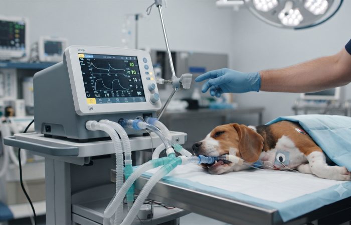 Dog under anesthesia on a veterinary operating table, connected to an anesthesia machine and monitoring screens nearby.