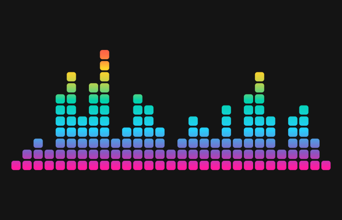 Colorful rainbow equalizer bars made of rounded squares along the bottom on a black background.