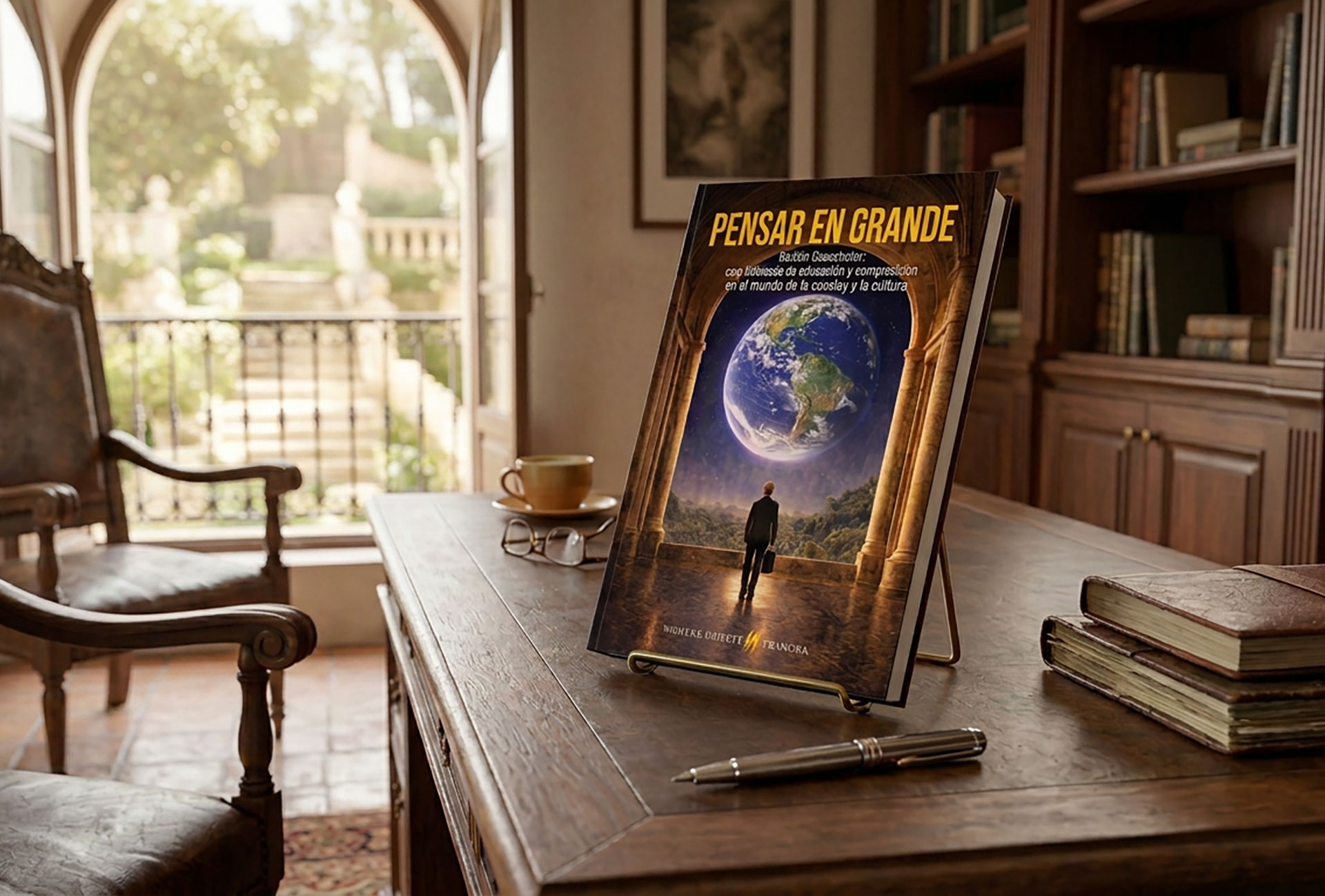 Magazine on a wooden desk in a study, cover shows Earth globe and a person, title 'PENSAR EN GRANDE'.