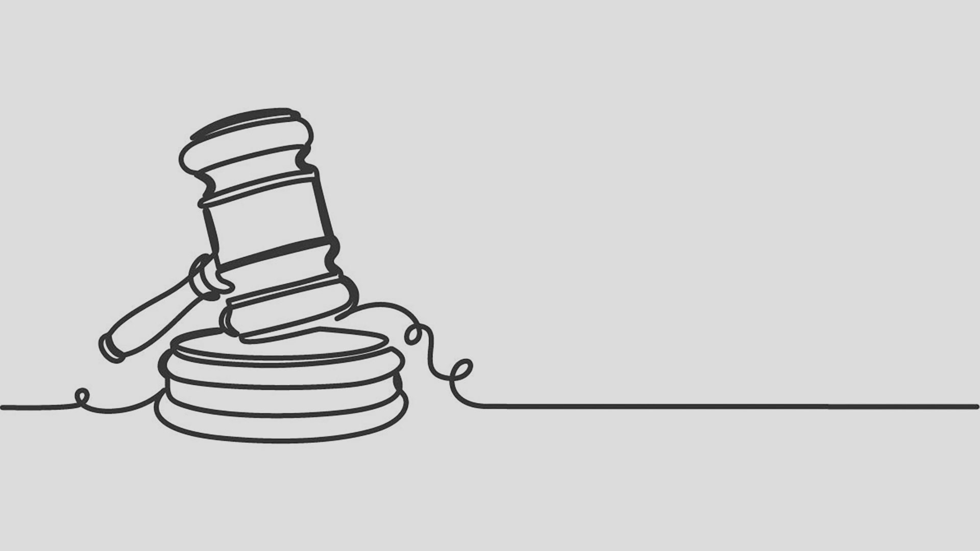 Line drawing of a judge's gavel resting on a sound block with a curling cord trailing to the side.