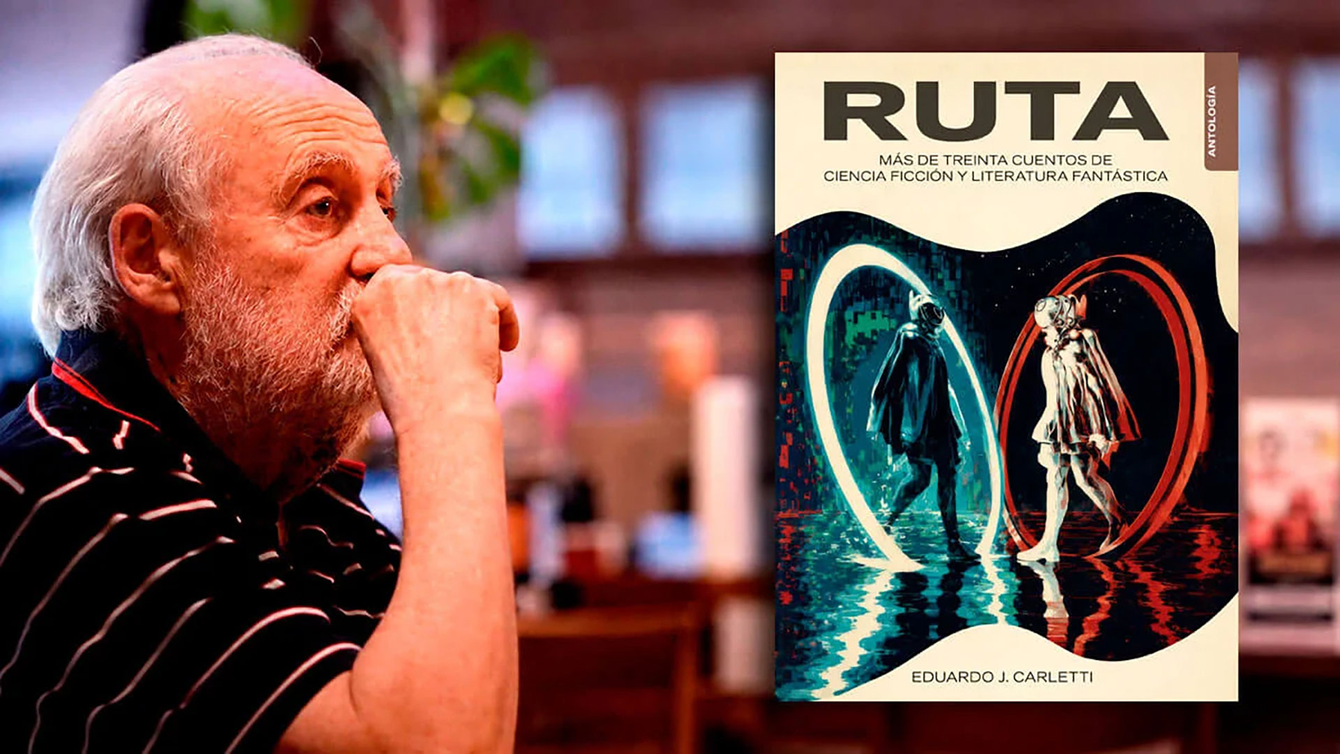 Older man with white hair rests his chin on his hand, looking at a large science fiction book cover titled RUTA.