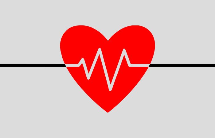 Red heart with a white heartbeat line running through it on a gray background, symbolizing heart health.