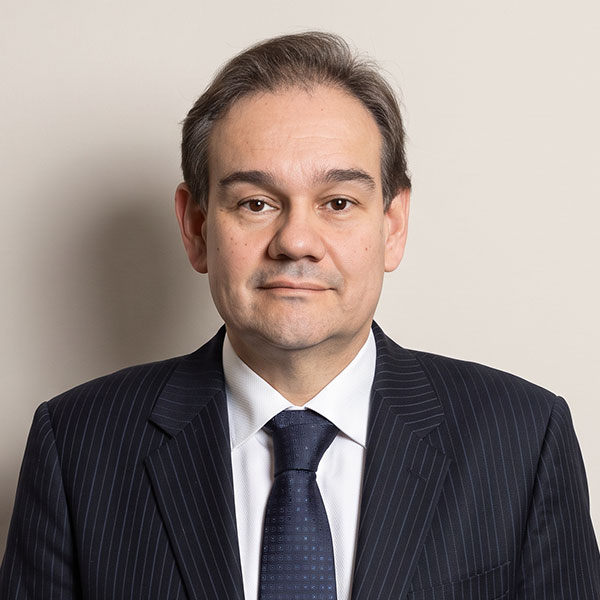 Head-and-shoulders portrait of a man in a dark pinstripe suit and navy tie against a light background.