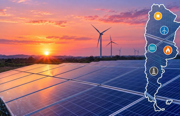 Solar farm at sunset with wind turbines on the horizon; a stylized energy-map overlay shows sun, wind, water, fire, and oil icons.