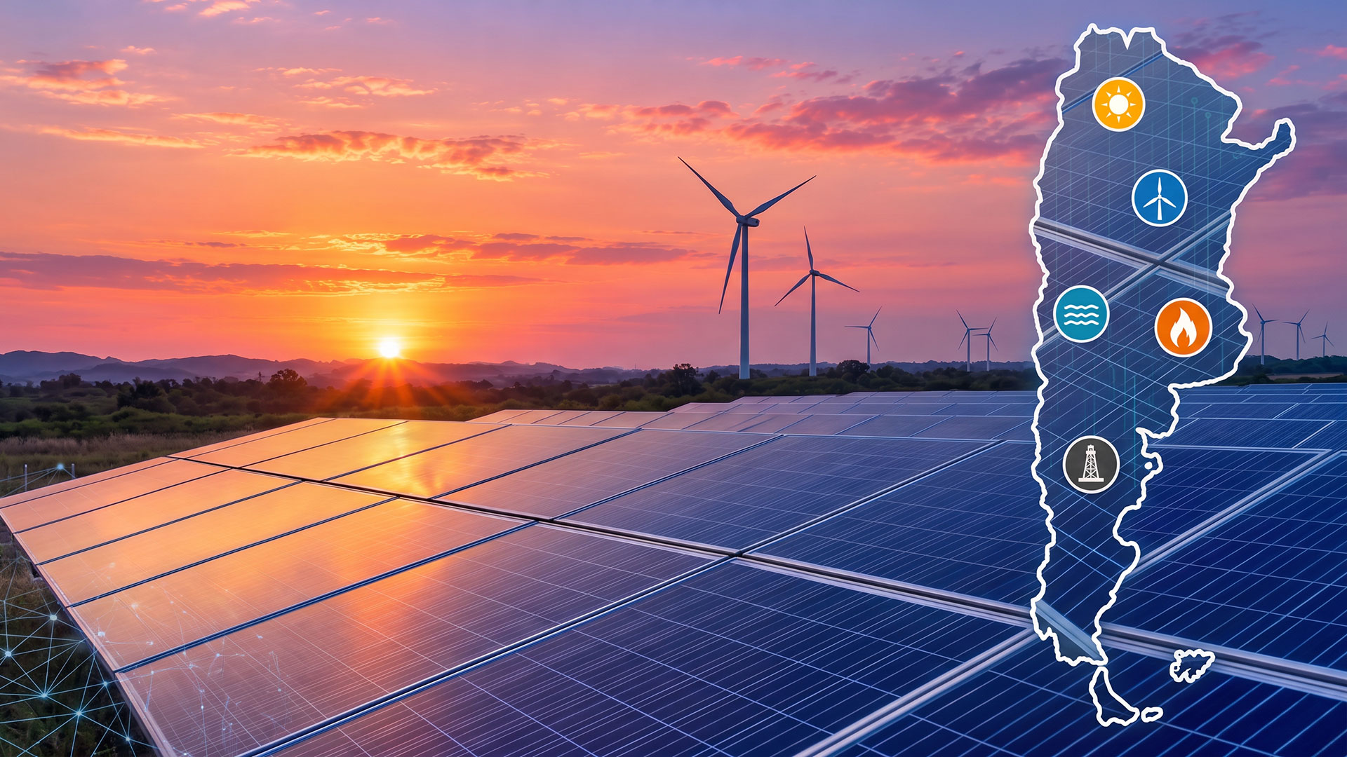 Solar farm at sunset with wind turbines on the horizon; a stylized energy-map overlay shows sun, wind, water, fire, and oil icons.