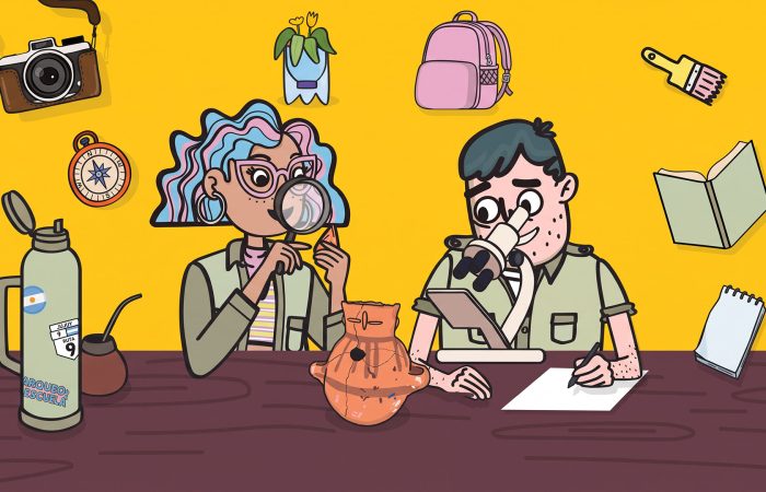 Two students in a bright science classroom study at a desk, one peering through a microscope while the other takes notes, with science icons around them on a yellow background.