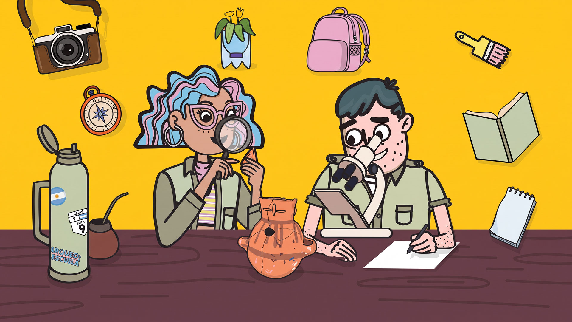 Two students in a bright science classroom study at a desk, one peering through a microscope while the other takes notes, with science icons around them on a yellow background.