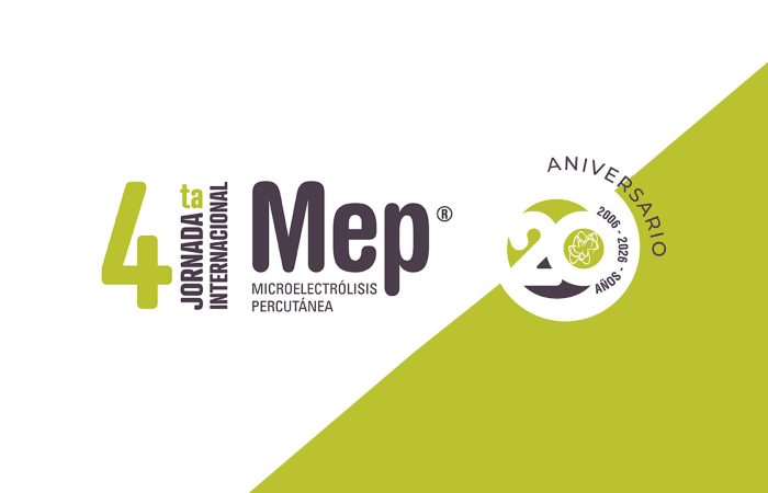 Logo de la 4ta Jornada Internacional Mep (MeP) de Microelectrólisis Percutánea con insignia de aniversario 20 años (2006-2026) en fondo blanco y diagonal verde