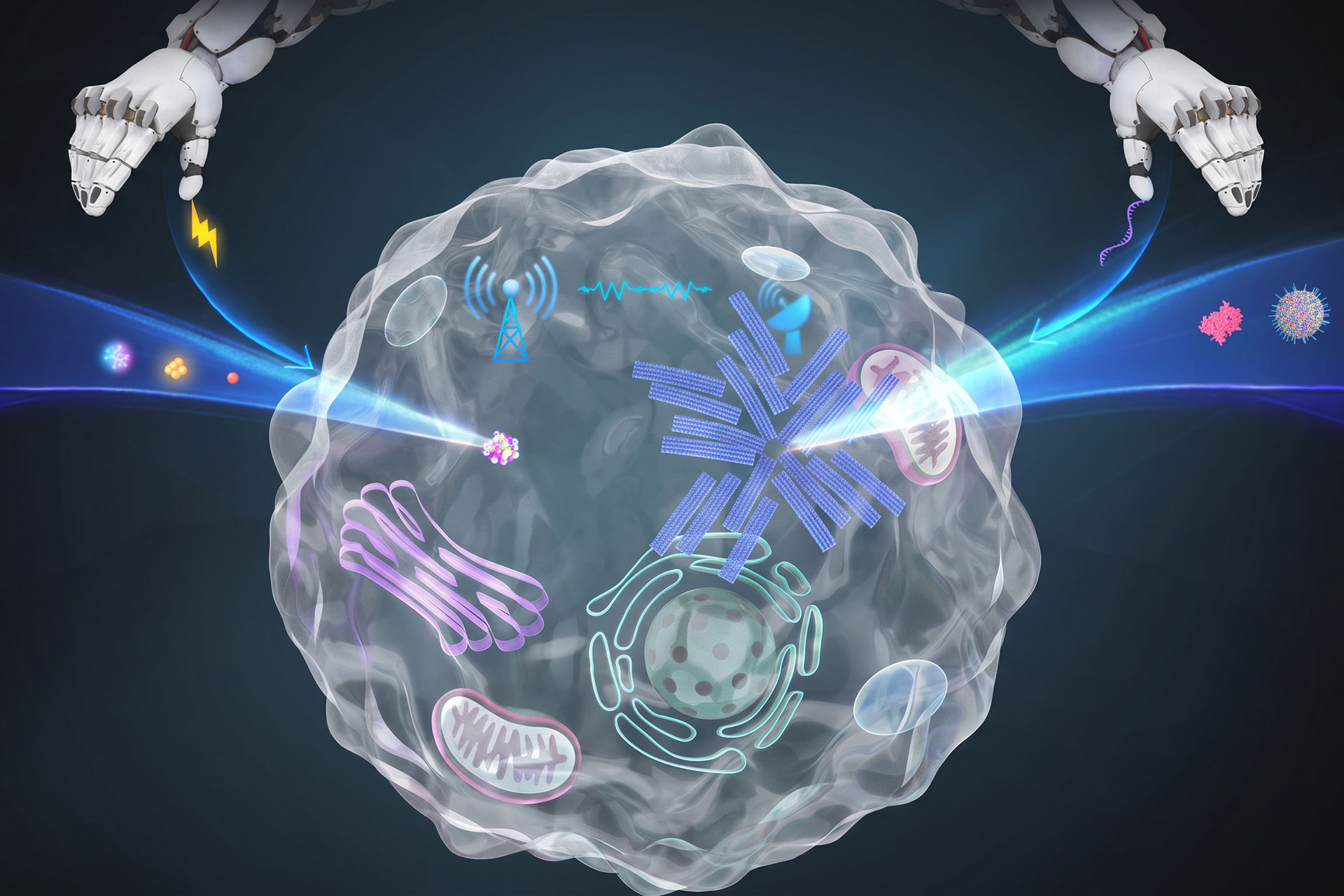 Sci-fi illustration of a human cell with glowing organelles and a pair of robotic hands hovering above it, suggesting artificial manipulation of cellular activity.