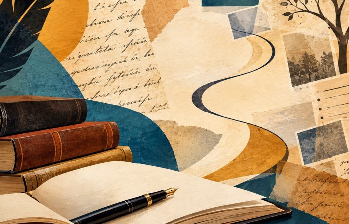 Vintage collage of old books, an open notebook, a fountain pen, and handwritten letters with sepia-toned photos in warm tones.