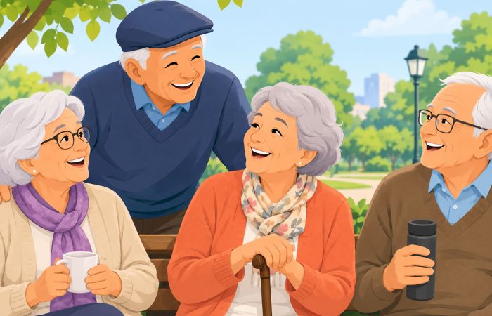 Four cheerful seniors chatting and smiling on a park bench, with a man standing behind them under a sunny, leafy park.