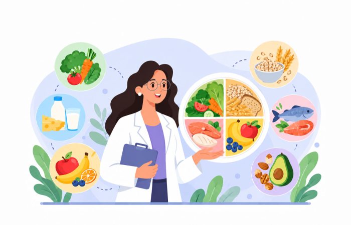 Nutrition expert in a white coat holding a clipboard, presenting a divided plate of healthy foods—vegetables, grains, dairy, fruit, and proteins; a balanced-diet illustration.