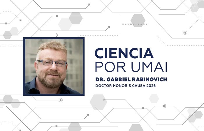 Banner announcing Dr. Gabriel Rabinovich as Doctor Honoris Causa 2026, with his portrait and the title 'Ciencia por Umai' against a geometric circuitry background.